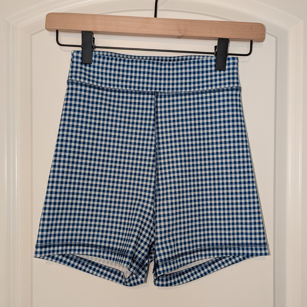 Reformation EcoMove Blue Checkered Women's High Waisted Stretch Shorts XS